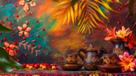 Experience the essence of Ethiopian tradition with a beautifully arranged coffee ceremony adorned with vibrant patterns and fresh flowers.の素材