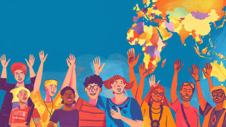 A vibrant gathering of individuals with hands raised, symbolizing unity and active participation in democracy on September 15.の素材