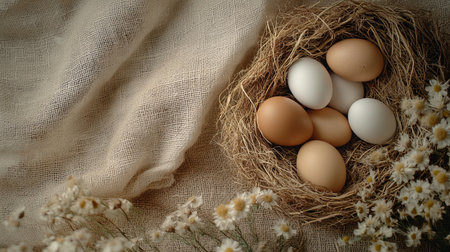 Natural brown and white eggs rest in rustic nests made of hay, surrounded by dried wildflowers on a soft burlap backdrop.の素材