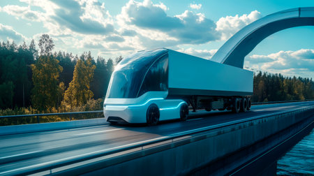 Futuristic truck equipped with artificial intelligence travels on a high-tech bridge, showcasing the future of cargo transportation.の素材