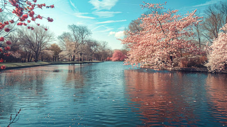 Cherry blossom trees line the pond, creating a serene atmosphere as their petals float gently on the water under a bright blue sky.の素材