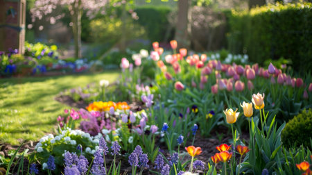 A vibrant spring garden filled with various blooming flowers, including tulips in shades of pink and yellow, creating a peaceful and inviting outdoor atmosphere.の素材