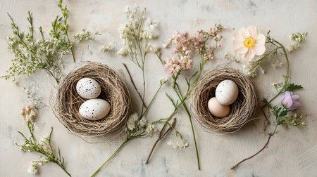 Speckled eggs nestled in straw nests create a cozy spring arrangement with delicate flowers on a soft wooden backdrop.の素材