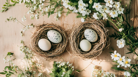 Speckled eggs rest in small nests made of twigs and straw, accompanied by delicate spring flowers and fresh greenery, evoking a cozy atmosphere.の素材