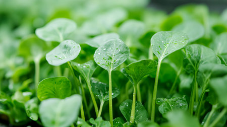 Vibrant and healthy Asian greens are growing in a garden, glistening with dew droplets under soft daylight, indicating a thriving environment and rich soil.の素材