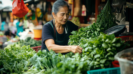 A local vendor carefully chooses vibrant Asian greens at a lively market, showing an abundance of fresh herbs and vegetables under warm sunlight.の素材