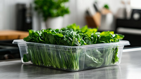 Freshly packed Chinese mustard greens sit in a clear container on a kitchen counter, highlighting the vibrant green color and crisp texture, ideal for healthy meals.の素材
