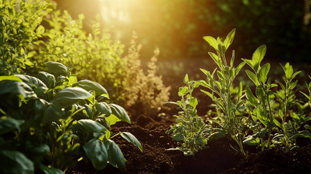 Sunlight filters through the leaves, illuminating a summer herb garden where various plants thrive in healthy soil, creating a peaceful and lush environment.の素材