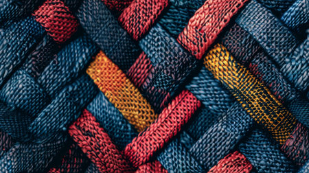 Close-up view features a woven pattern highlighting rich textures in red, blue, and yellow shades, creating a dynamic visual interest for design inspiration.の素材