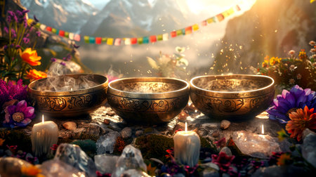 Tibetan singing bowls are arranged beautifully among vibrant flowers and candles, creating a tranquil atmosphere in a mountain landscape during sunset.の素材
