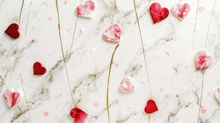 Delicate heart decorations in red and pink tones are arranged on a marble surface, creating a festive and romantic atmosphere perfect for Valentine's Day celebrations.の素材