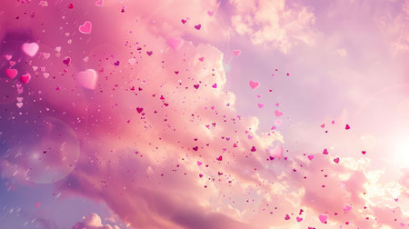 Vibrant hearts scattered against a soft pastel sky at dusk, creating a dreamy and romantic atmosphere for Valentine's Day.の素材