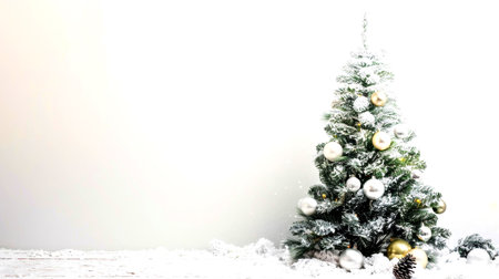 Festive pine tree decorated with shiny ornaments and snow set against a clean white backdrop creates a joyful celebration atmosphere.の素材