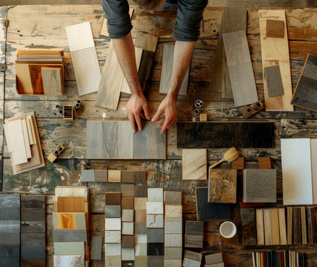 Hands are actively organizing and selecting various wood and tile samples on a rustic wooden surface, showcasing creative planning.の素材