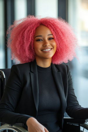 Colleague in a wheelchair with bright pink hair expresses joy in a modern, inclusive office setting focused on diversity and empowerment.の素材