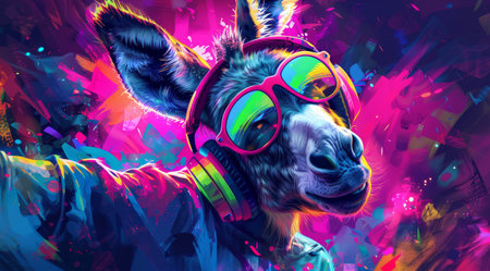 A stylish donkey sports oversized sunglasses and headphones, immersed in a lively, colorful backdrop that radiates energy and creativity.の素材
