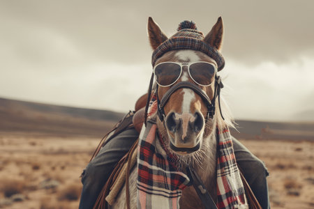 A horse sporting sunglasses and a cozy beanie hat stands in a picturesque rural setting, surrounded by open fields and a moody sky, enjoying its relaxed atmosphere.の素材