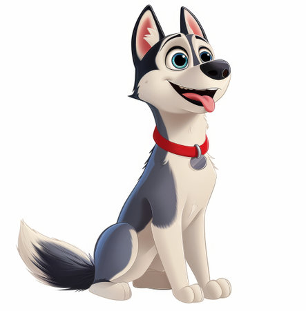 A cheerful husky sits with its tongue out, showing bright blue eyes and a playful demeanor. The animated style captures its fun personality perfectly.の写真素材