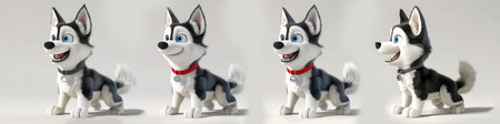 A playful husky character with a joyful expression showcases vibrant colors and dynamic poses, embodying an animated style reminiscent of beloved family films.の写真素材