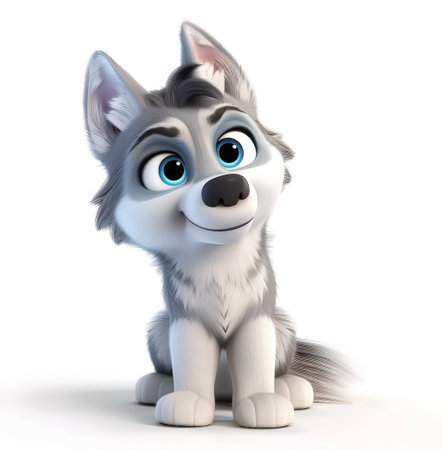 A charming husky dog with blue eyes sits happily, showing off its playful personality. Its fur is fluffy and well-groomed, radiating joy and charm.の写真素材