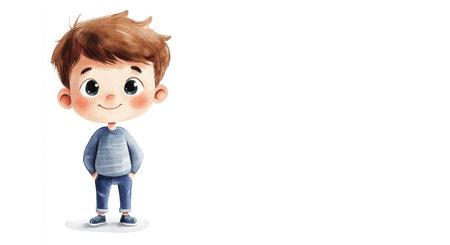 A young boy with short brown hair and freckles stands with a cheerful expression. He wears a blue long-sleeve shirt and jeans.の写真素材