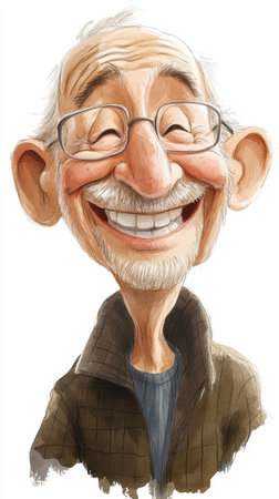 A cheerful elderly man is captured laughing heartily, showing a warm smile. His playful personality shines through in vivid watercolor strokes.の写真素材