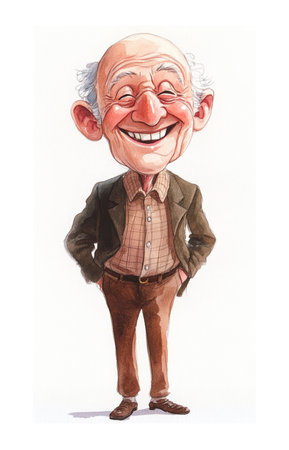 A cute elderly man dressed in casual attire stands with a big smile, radiating happiness. His playful expression captures the joy of life and laughter.の写真素材
