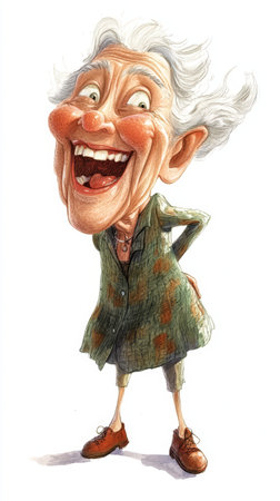 A cheerful elderly woman with wild hair laughs heartily, showing her vibrant personality and joyful spirit in a whimsical watercolor portrayal.の写真素材