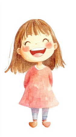 A charming girl with a warm smile and straight brown hair wears a cozy dress and striped leggings.の写真素材