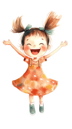 A joyful girl with pigtails beams with happiness in a colorful dress, arms outstretched and smiling widely against a clean white background in a watercolor style.の写真素材