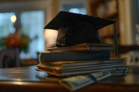 A black graduation cap rests on a neatly stacked collection of books, representing the culmination of academic efforts in a cozy study at home.の素材