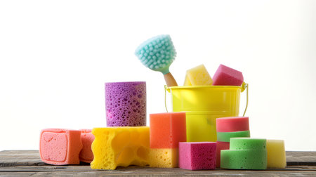 Brightly colored cleaning supplies are neatly displayed on a wooden table, including a yellow bucket filled with various sponges in vibrant shades.の写真素材