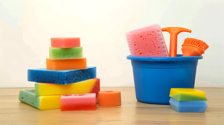 Bright sponges and cleaning tools are organized on a wooden table, creating an inviting setup for efficient home cleaning activities at any time.の写真素材
