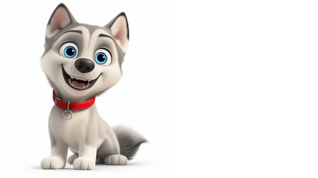An adorable husky puppy sits happily, showing its fluffy gray and white fur. Its bright blue eyes sparkle with joy, embodying a playful spirit and friendliness.の写真素材