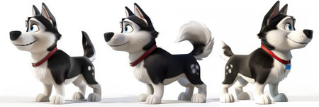 Three playful husky characters exhibit vibrant designs and unique expressions, each standing confidently in animated style, inviting joy and fun.の写真素材