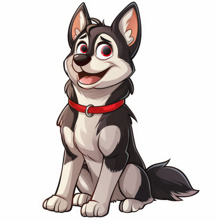 A cartoon-style dog sits happily with a bright smile and a shiny red collar. The character features big expressive eyes and a fluffy tail, radiating joy and playfulness.の写真素材
