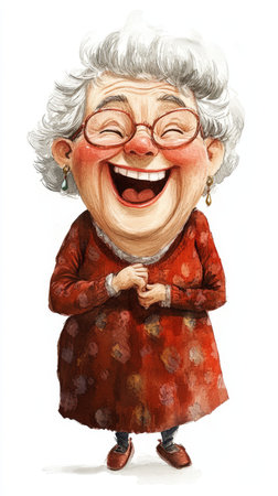 This delightful artwork features an elderly woman in a cozy setting, laughing heartily while wearing a warm, patterned dress and glasses, radiating happiness.の写真素材