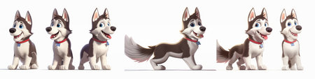 A charming young husky puppy with bright blue eyes and a playful demeanor showcases various poses, bringing joy and cuteness in an animated style.の写真素材