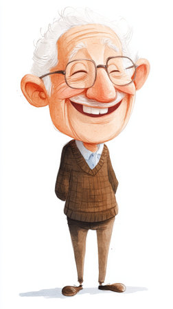 An elderly man with a joyful expression stands proudly with his arms behind him, wearing glasses and a brown sweater. His contagious laughter brightens the scene.の写真素材