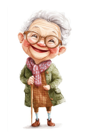 A cheerful elderly woman wearing large glasses laughs heartily while holding a cane. She dons a cozy outfit with a scarf and radiates warmth and joy.の写真素材