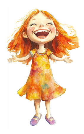 A girl with cheerful orange hair laughs heartily while wearing a colorful dress, radiating happiness against a clean white backdrop, capturing a moment of pure joy.の写真素材