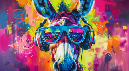 A cheerful donkey with colorful sunglasses and headphones showcases a joyful spirit. Set against a dynamic, vibrant abstract backdrop, the scene bursts with energy.の素材