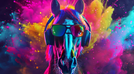 A happy horse wearing bright sunglasses stands out in a backdrop of vivid colors, radiating joy and fun. The lively atmosphere captures a fun moment.の素材