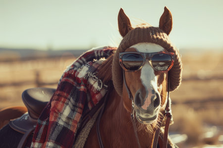 This playful horse, adorned with sunglasses and a cozy blanket, basks in the sunshine against a serene rural backdrop, showing a unique personality.の素材