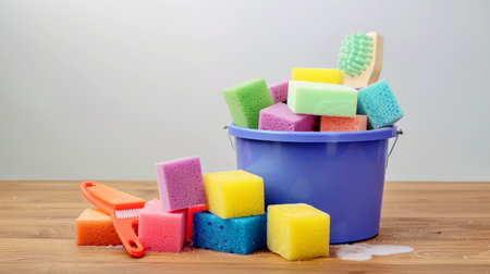 Bright and colorful cleaning supplies, including sponges and a brush, are neatly arranged on a wooden table, showcasing an inviting cleaning environment.の写真素材