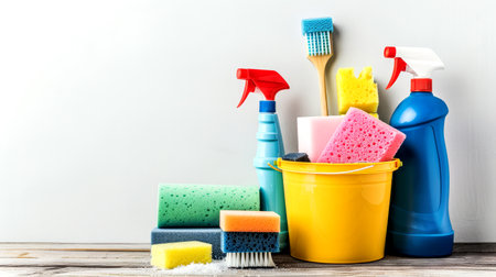 Vibrant cleaning supplies are placed on a wooden table, featuring sprays, sponges, and brushes, all set for effective cleaning tasks around the home or office.の写真素材