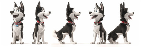 A vivid animated husky character is depicted in multiple playful poses, featuring expressive facial expressions and a vibrant design, set against a simple background.の写真素材