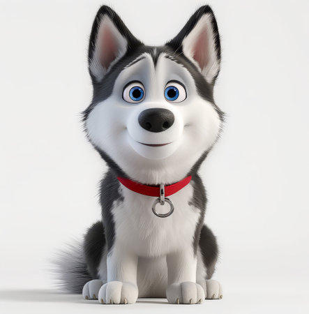 A lively husky character sits happily, showing its bright blue eyes and fluffy fur, wearing a red collar, embodying joy and fun in a cartoonish style.の写真素材