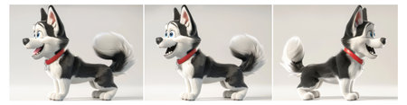 A cheerful animated husky character stands in three playful poses, showcasing its expressive face and fluffy tail in a bright, cartoonish style typical of contemporary animation.の写真素材