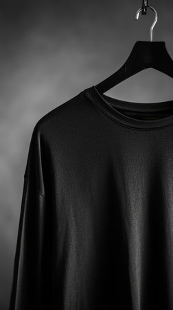 A black long sleeve shirt is hung on a simple hanger, illuminated by dramatic lighting to create a stylish and minimalist presentation.の写真素材